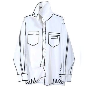 CLEARANCE NWT White Button-Up Shirt with Black Graphic Outline Trim